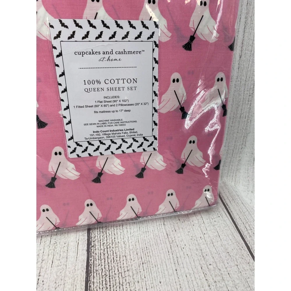 Cupcakes and Cashmere Sheet Set QUEEN Pink Ghost Halloween 100% Cotton Whimsical